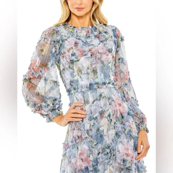 NWT 8098 Mac Duggal Long Sleeve High Neck Floral Ruffle Gown - Picture 2 of 10